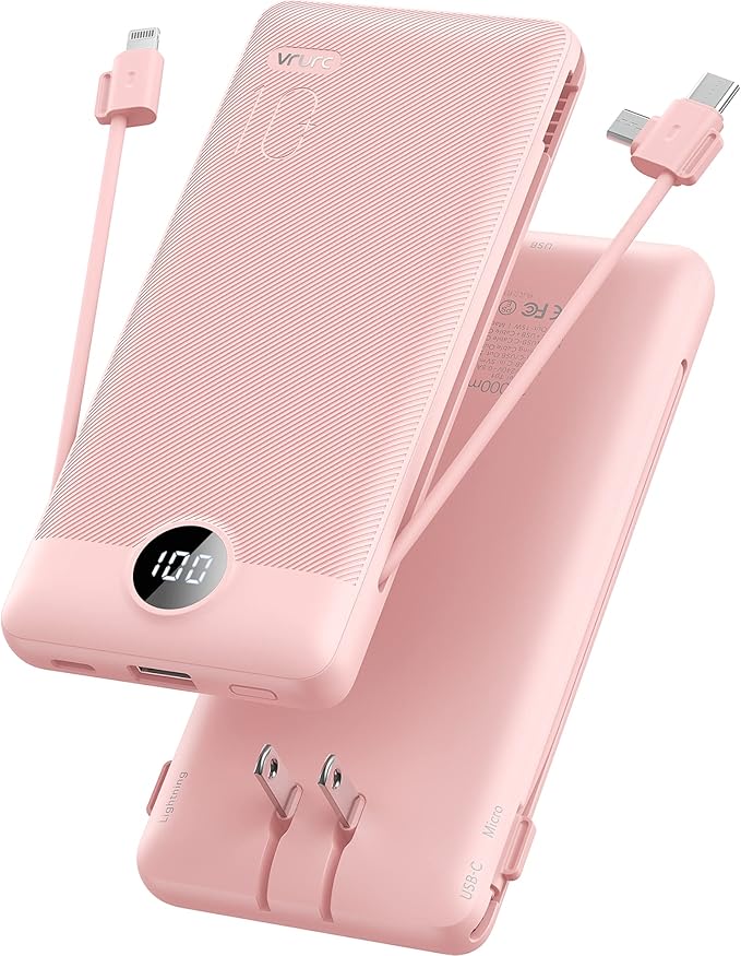 VRURC Portable Charger Built-in Cables and AC Wall Plug,USB C Power Bank 10000mAh, Travel Essentials Phone Charger Compact Lightweight External Battery Pack for Smart Phones, Tablets etc-Pink