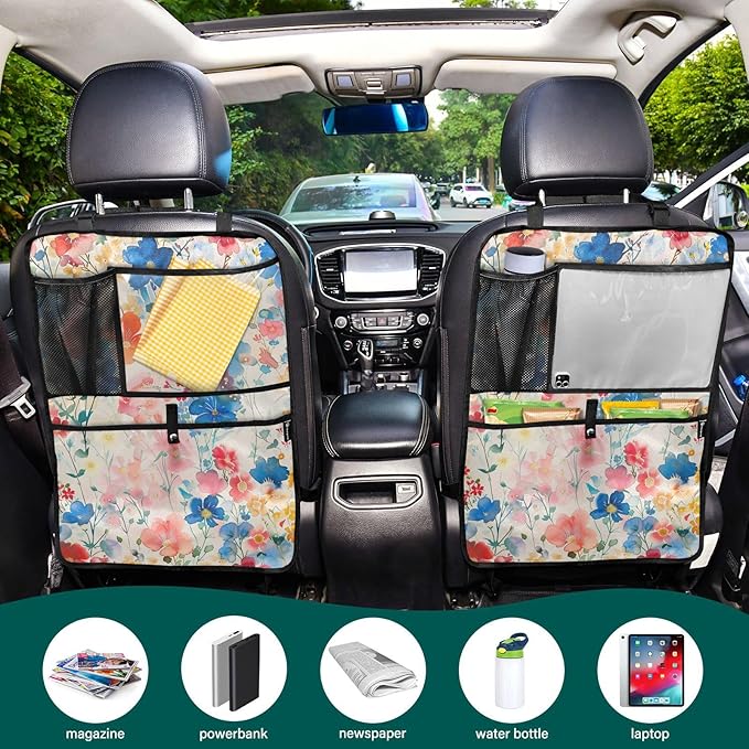 2 Pack Backseat Car Organizer with Storage Pockets Seat Back Organizers for Kids Kick Mats Backseat Protector Automotive Ink Blue Floral
