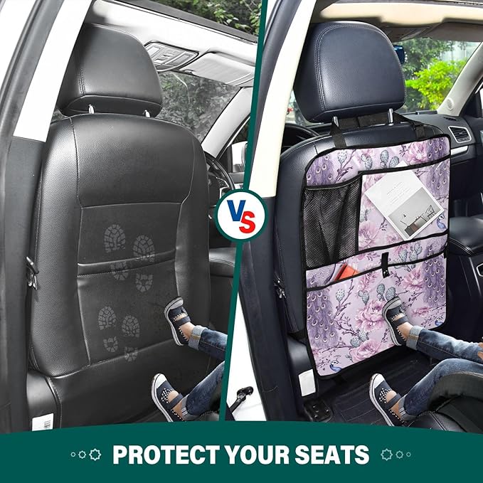 Purple Peacock and Cactus 01 2 Pack Backseat Car Organizer with Storage Pockets Seat Back Organizers for Kids Kick Mats Backseat Protector Automotive