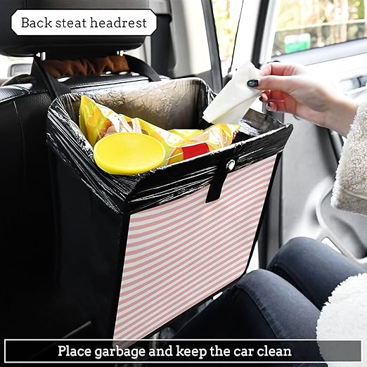 Pink and White Stripes Car Trash Can Foldable Hanging Waterproof Small Automotive Garbage Cans Trash Bin Storage Bag Car Dustbin Organizer Accessories Small 8.66x8.66x5.9