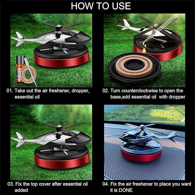 Al Alloy Solar Powered Rotating Helicopter Shape Car air purifier, Home and Car Interior Decoration Accessories (Red)