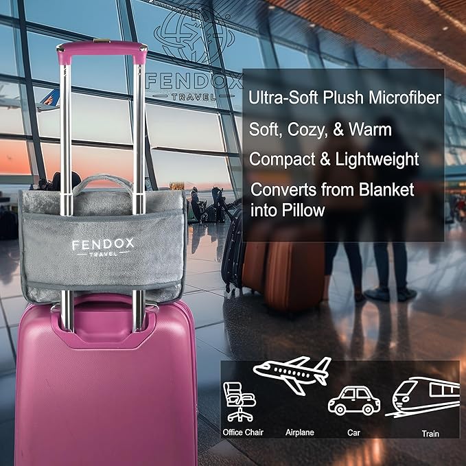 2-in-1 Travel Blanket and Pillow – Lightweight, Compact, Ultra Soft, Machine Washable – Handle, Luggage Sleeve, Backpack Clip – for Travel Airplane, Car, Office (Gray)