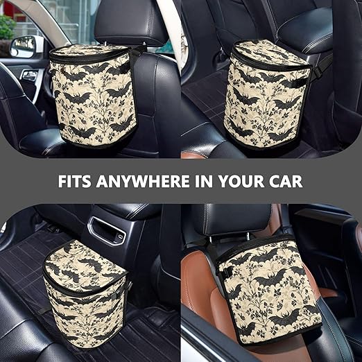 MNSRUU Car Trash Can with Lid, Bats and Flowers Vintage Car Trash Bag Hanging Organizers and Storage for Front Back Seat, Leak-Proof Trash Bin