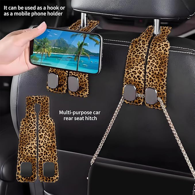 1 Pack Car Seat Headrest Hooks for Purses and Bags Abstract Brown and Black Leopard Bag Purse Holder for Car with Double Metal Hooks Car Purse Hanger Hanging Accessories