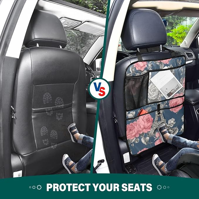 1 Pack Back Seat Car Organizer with Storage Pockets Kick Mats Back Seat Protector Hanging Car Organizer Automotive Seat Back Cover Organizers Blue French Eiffel Tower and Roses