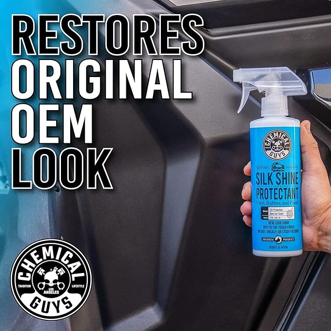 Chemical Guys Silk Shine Tire and Trim Dressing and Protectant – Non-Greasy Vinyl, Plastic & Rubber Spray, Plastic Restorer for Cars – Restores Shine for Cars, Trucks, Motorcycles, RVs, 16 fl oz