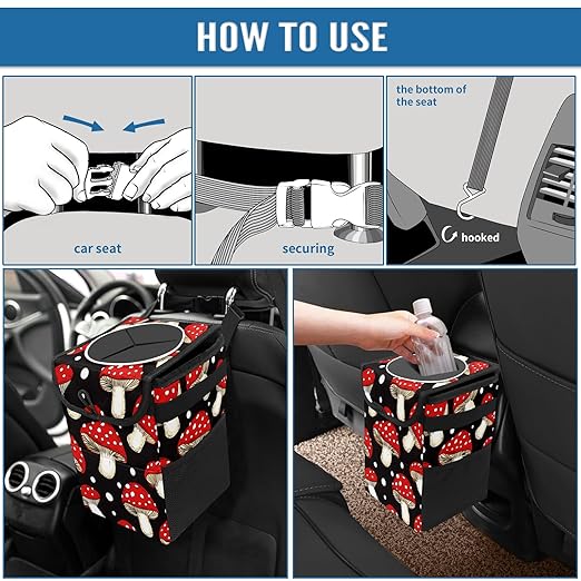 Car Trash Can with Lid & Multiple Pockets,Foldable Vehicle Garbage Bin Waterproof & Leak Proof Automotive Garbage Cans Car Accessories for Women Men Road Trip Essentials Mushrooms