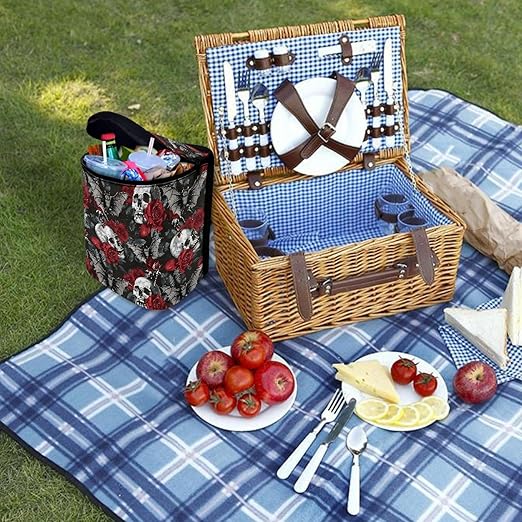 Gothic Skull Car Trash Bags for Back Seat Rose Auto Hanging Trash Can with Lid Car Trash Bag Storage Organizer Universal Automobile Interior Accessories