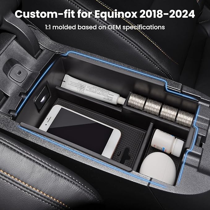 Center Console Organizer Armrest Tray Insert for Chevy Equinox 2018-2024, Accessories for 2018-2024 Equinox Center Console Tray Storage Box, ABS Plastic, Black