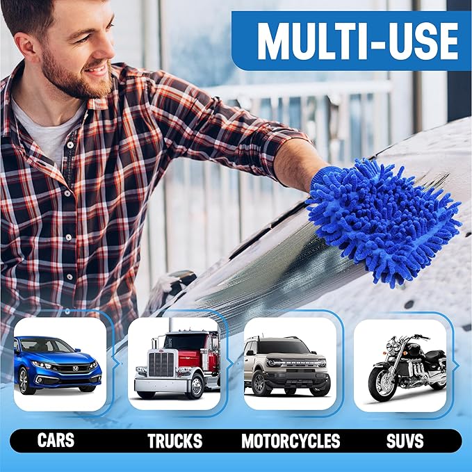 Ultra Plush Microfiber Car Wash Mitt - Scratch-Free, Lint-Free, Extra Absorbent, Machine Washable - Detailing Chenille Cleaning Mitt Perfect for Cars, Trucks, Motorcycles, and Household Surfaces
