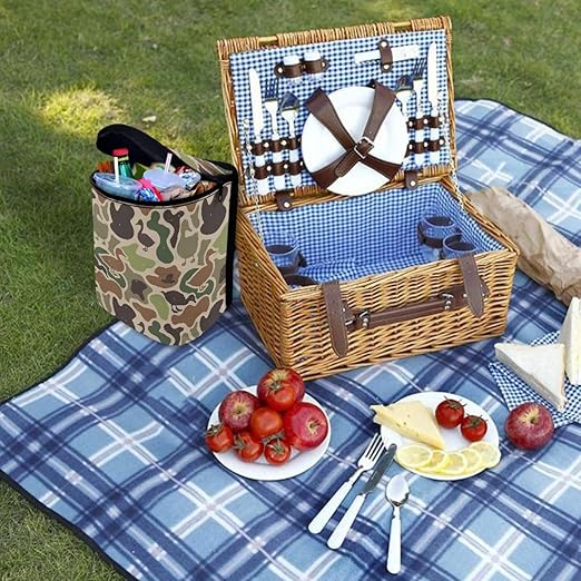 Duck Camouflage Car Trash Can with Adjustable Straps Car Trash Bin Auto Garbage Bag Multipurpose Storage Box for Vehicle Travel Camping Picnicing, Green