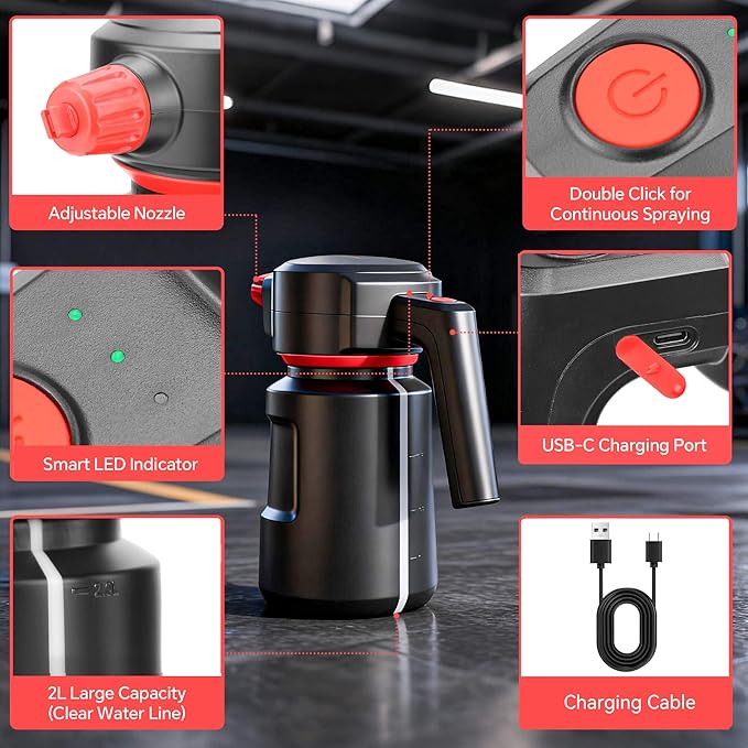 Electric Foam Sprayer - 2L Cordless Battery Powered Pump Sprayer with Smart Protection,Foam Cannon with 150ML Car Wash Soap for Detailing Cleaning