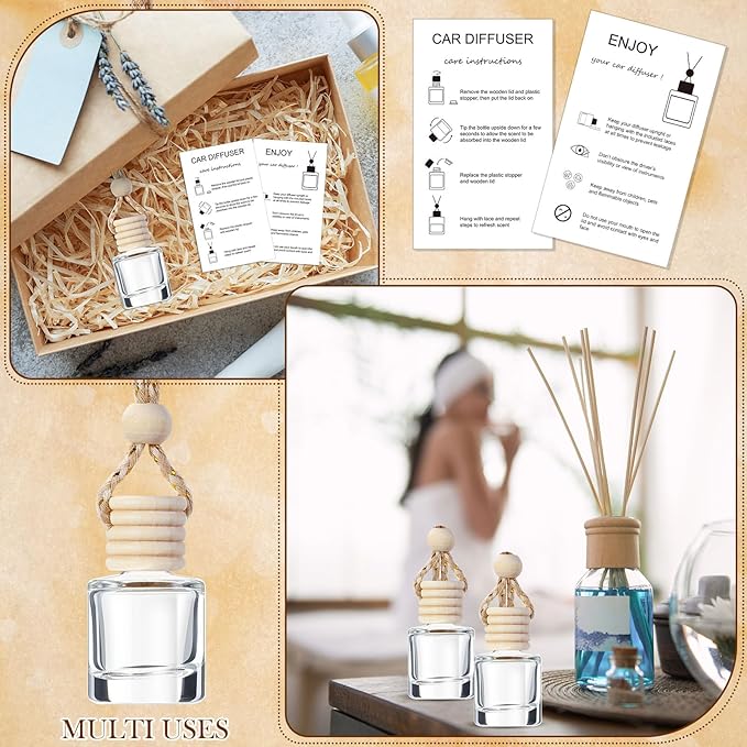 100 Sets Car Diffuser Bottles Empty Bulk Hanging Car Air Freshener Diffuser Bottles Glass Perfume Holder with Instruction Cards for Essential Oil Valentines Birthday Gifts (Cylindrical)