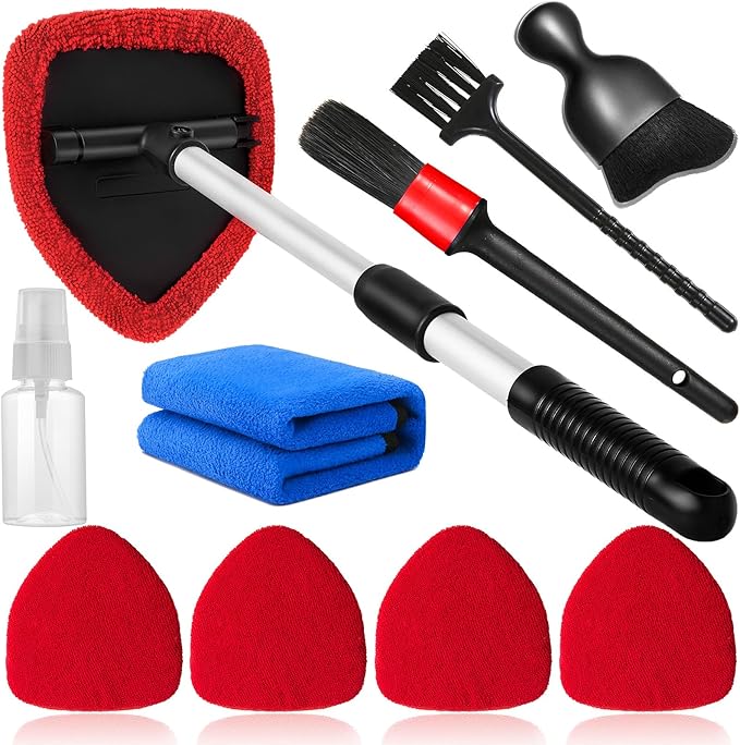 10pcs Windshield Cleaning Tool Inside Car Window Cleaner Wash Kit with 4 Reusable Microfiber Pads 1 Spray Bottle and Extendable Handle Interior Auto Glass Wiper Kit, Red