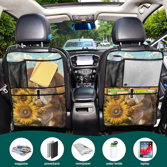 Sunflower Squirrel 2 Pack Backseat Car Organizer with Storage Pockets Seat Back Organizers for Kids Kick Mats Backseat Protector Automotive