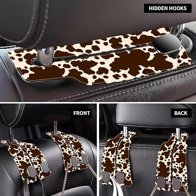 1 Pack Car Seat Headrest Hooks for Purses and Bags Camouflage Brown Cow Skin Bag Purse Holder for Car with Double Metal Hooks Car Purse Hanger Hanging Accessories