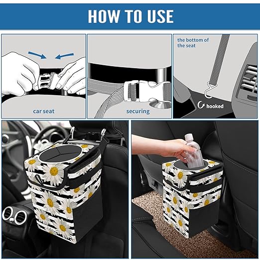 White Black Striped Daisy Car Trash Can with Lid Collapsible Reusable Waterproof Car Garage Bag,Automotive Garbage Can,Car Accessories Interior Car Organizer