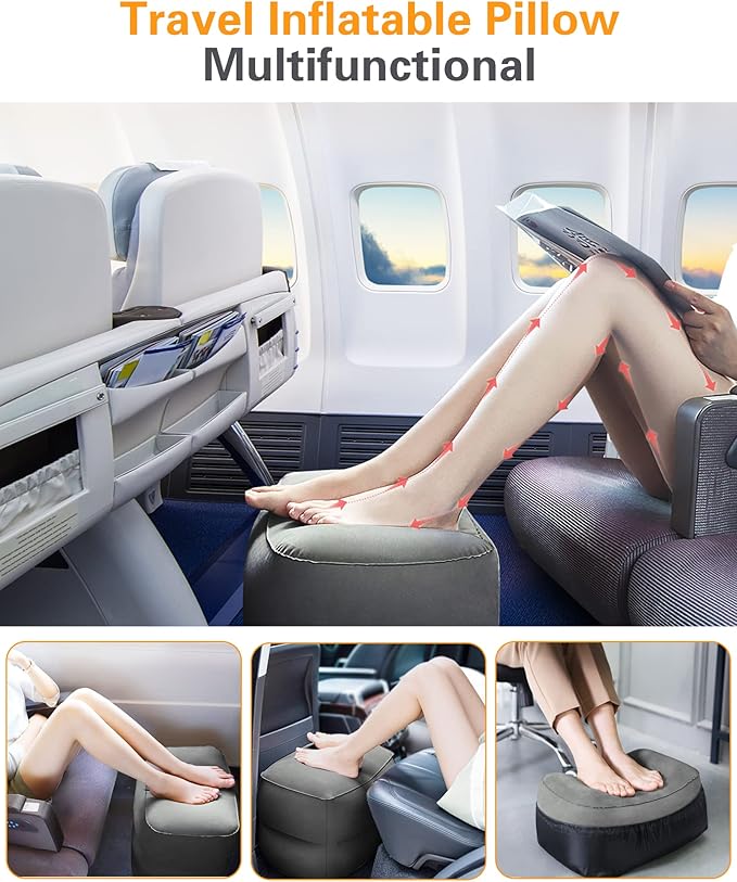 Sunany Inflatable Foot Rest Pillow for Airplane - Kids/Adults - Adjustable Height Cushions, to Sleep While Traveling,Suitable for Office,Home and Any Travel（Dark Grey,2 Pack）
