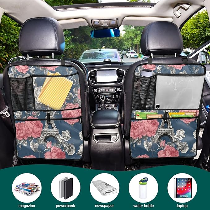 1 Pack Back Seat Car Organizer with Storage Pockets Kick Mats Back Seat Protector Hanging Car Organizer Automotive Seat Back Cover Organizers Blue French Eiffel Tower and Roses