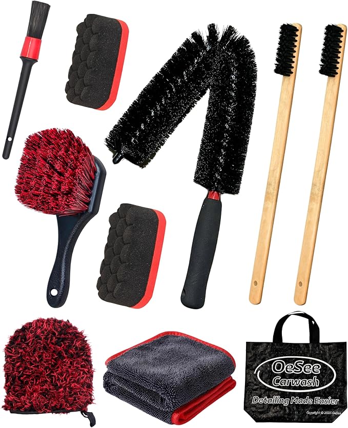 10PCS Engine Bay Cleaning Kit, Professional Under Hood Detailing Tools with Long Bendable Brush & Natural Bamboo Horsehair Brush, Applicators, Towel for Car, Truck