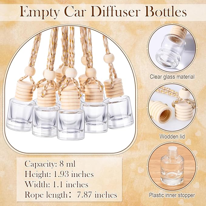 100 Sets Car Diffuser Bottles Empty Bulk Hanging Car Air Freshener Diffuser Bottles Glass Perfume Holder with Instruction Cards for Essential Oil Valentines Birthday Gifts (Cylindrical)