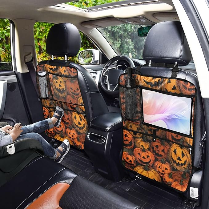 1 Pack Back Seat Car Organizer with Storage Pockets Kick Mats Back Seat Protector Hanging Car Organizer Automotive Seat Back Cover Organizers Cartoon Orange Halloween Pumpkin Lanterns
