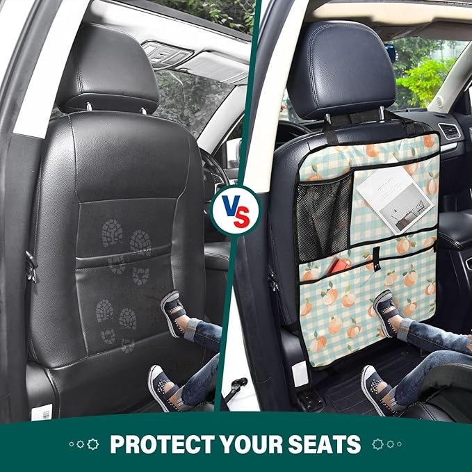 1 Pack Back Seat Car Organizer with Storage Pockets Kick Mats Back Seat Protector Hanging Car Organizer Automotive Seat Back Cover Organizers Peaches Plaid Vacation Style Blue