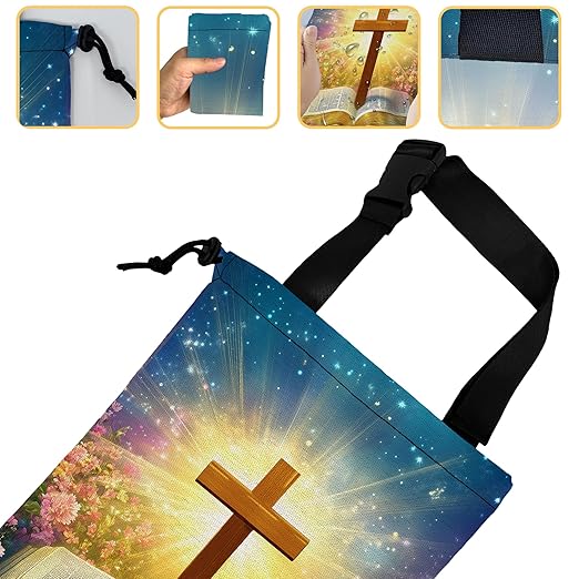 Glowing Bible Cross Car Trash Bag,Colorful Flowers Strap Drawstring Car Garbage Bags,Car Back Seat Organizer with Adjustable Buckle for Car Accessories