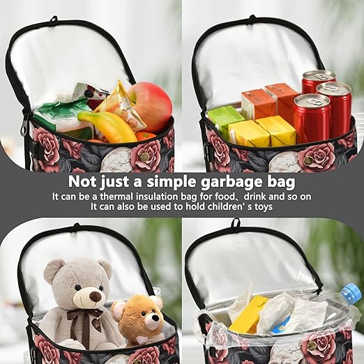 MNSRUU Car Trash Can with Lid, Gothic Skull and Flower Car Trash Bag Hanging Organizers and Storage for Front Back Seat, Leak-Proof Trash Bin