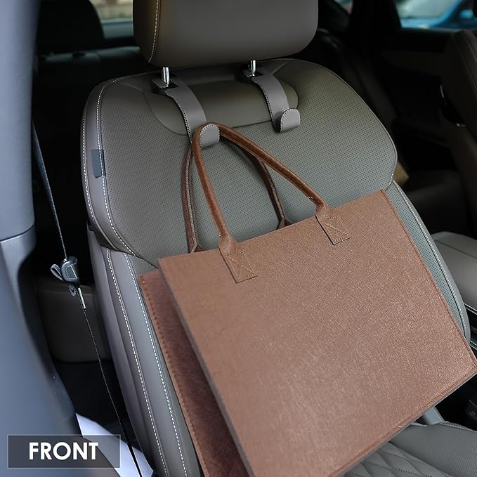 Leather Car Seat Hooks - U-Shaped Purse Holder for Car, Fully Leather-Wrapped Headrest Hooks for Purses, Bags & Coats, Durable Seat Back Organizer for Travel & Daily Use (Gray, 2 Pack)