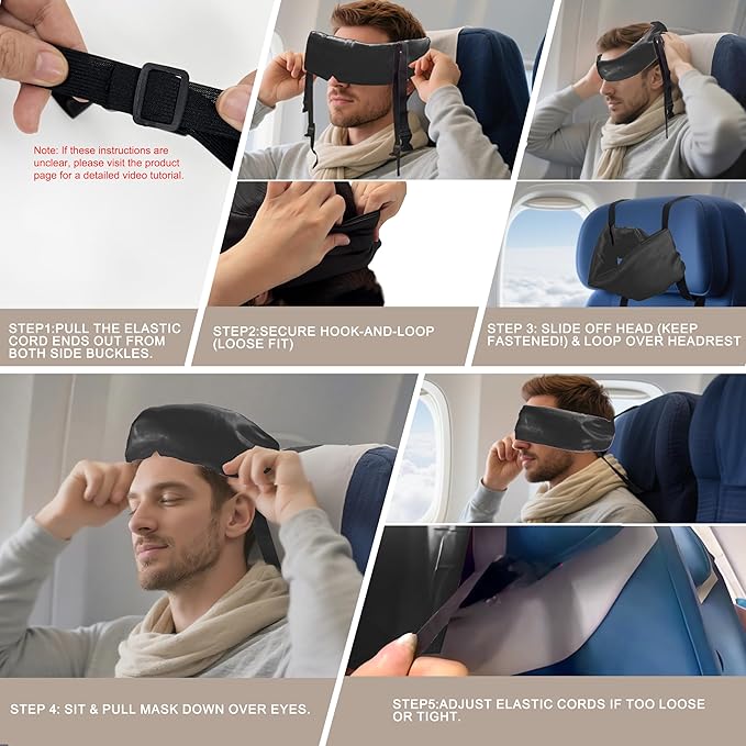 Travel Pillows for Airplanes, Airplane Head Strap with Silk Eye Mask for Sleeping, Long Flights & Car Road Trips 360°Headrest Neck Support, Stops Bobbing, Small & Compact（Black）