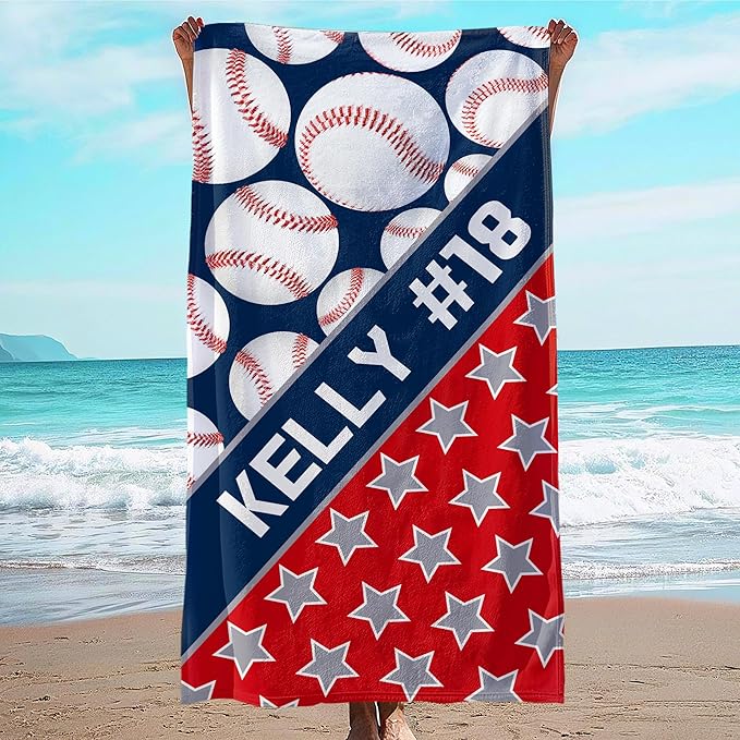 Personalized Beach Towel With Name, Custom Beach Towel with Text, Customized Microfiber Pool Towel, Quick Dry & Absorbent Swim Towel for Adult,Anniversary, Birthday, Summer Holiday,Vacation,Baseball