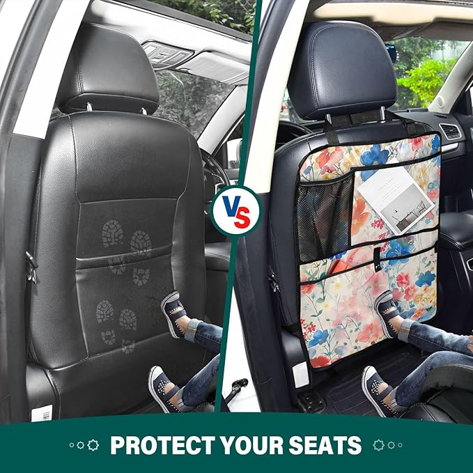 2 Pack Backseat Car Organizer with Storage Pockets Seat Back Organizers for Kids Kick Mats Backseat Protector Automotive Ink Blue Floral