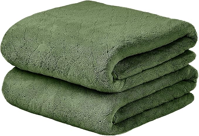 JML Microfiber Bath Towels Set of 2, Oversized, Ultra Soft, Super Absorbent, Fast Drying, No Fading Large Bathroom Towel for Yoga, Sauna, Travel, Fitness (Coral Fleece - Olive-Green, 30 in x 60 in)