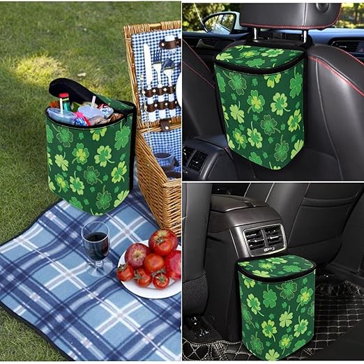 1.2 Gallons Truck Trash Can, Lucky Clovers Small Trash Can for Car, Adjustable Hanging for Tail of Console/Back of Seat, Odor-Free with Zipper Leak-Proof Lid Design, Mini Size for Convenience