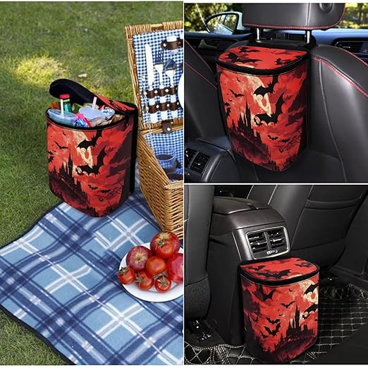 1.2 Gallons Car Trash Bin, Gothic Halloween Print Trash Can for Truck, Adjustable Hanging for Tail of Console/Back of Seats, Odor-Free with Zipper Leak-Proof Design, Mini Size for Convenience
