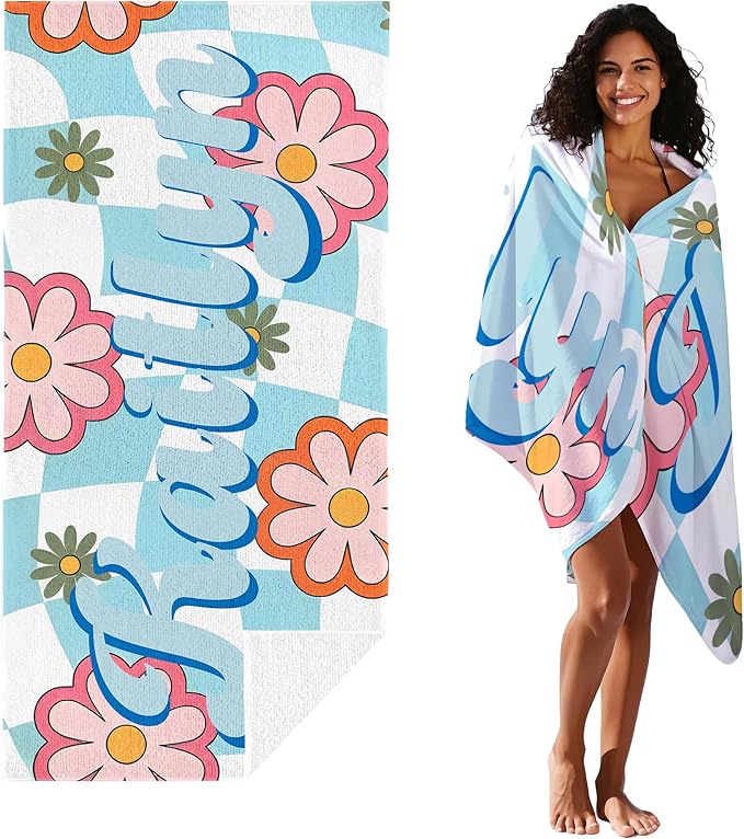 JML Personalized Beach Towel with Name, Custom Flower Beach Towel, Customized Microfiber Pool Towel, Quick Dry & Absorbent Swim Towel for Adult,Anniversary, Birthday, Summer Holiday,Vacation