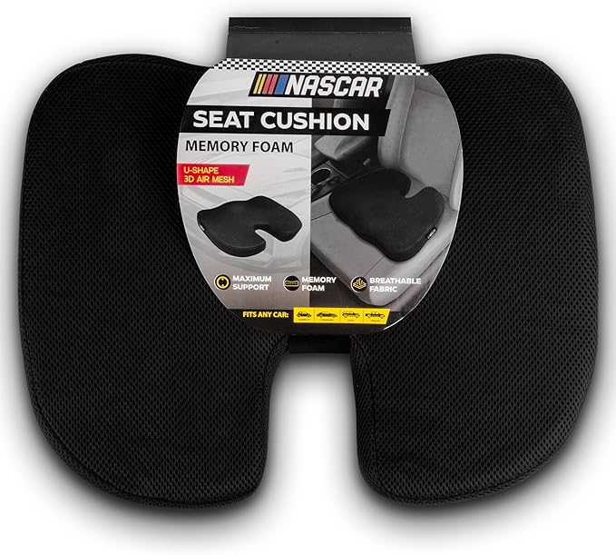 NASCAR Seat Cushion | Ergonomic U-Shape with Memory Foam for Tailbone, Sciatica, & Back Pain Relief | Breathable 3D Air Mesh Material w/Non-Slip Rubber Bottom | for Car, Office, Home, Travel | Black