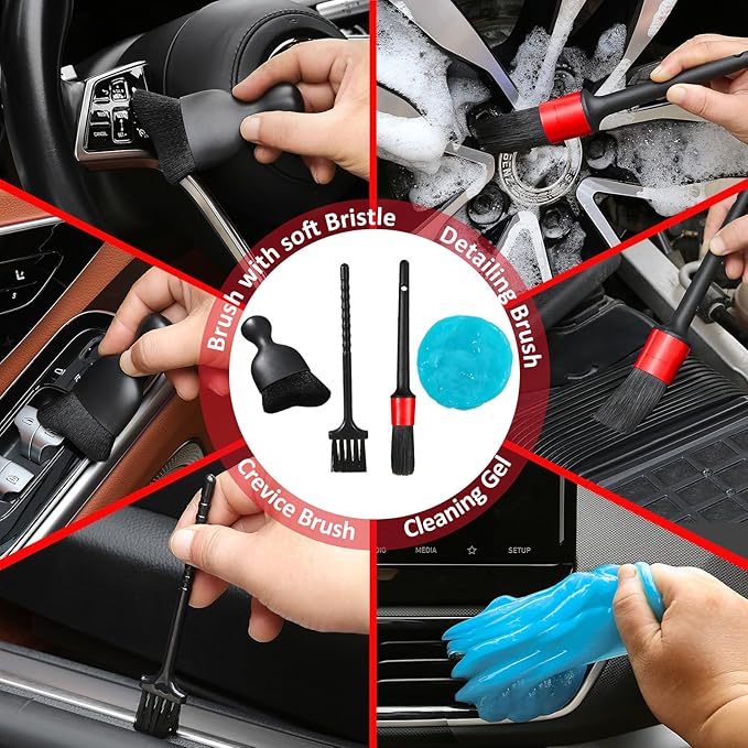 10pcs Windshield Cleaner Tool, Car Window Cleaning Wash Kit with 4 Reusable Microfiber Pads 1 Spray Bottle and Extendable Handle Auto Glass Wiper Kit, Red
