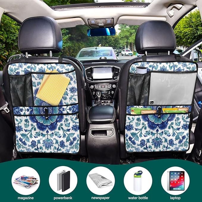 1 Pack Back Seat Car Organizer with Storage Pockets Kick Mats Back Seat Protector Hanging Car Organizer Automotive Seat Back Cover Organizers Floral Blue and White Vine
