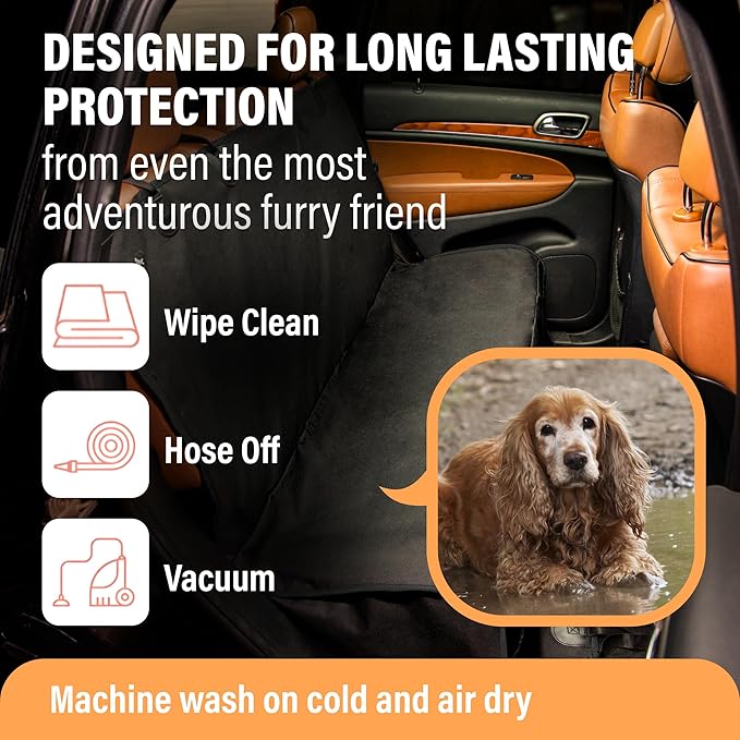 Active Pets XL Waterproof Hammock Large Car Seat Cover, Fits SUVs Trucks Big Sedans, Secure Convertible Travel Bed Protects Backseat Cargo from Dog Puppy Pet Water Food Drool Urine, Black Orange Trim