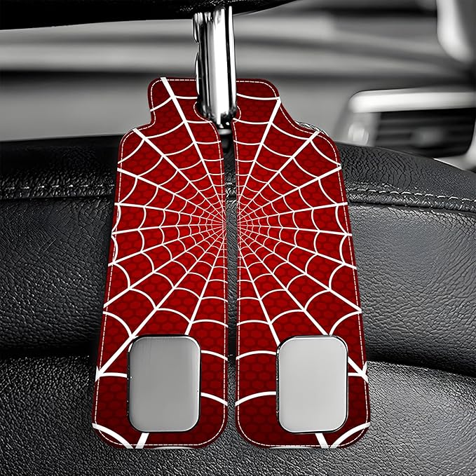 1 Pack Purse Hook for Car Red and White Spider Web Headrest Back Seat Hook Premium Leather Double Metal Hanger Storage Pack Bag Purse Holder Car Accessories