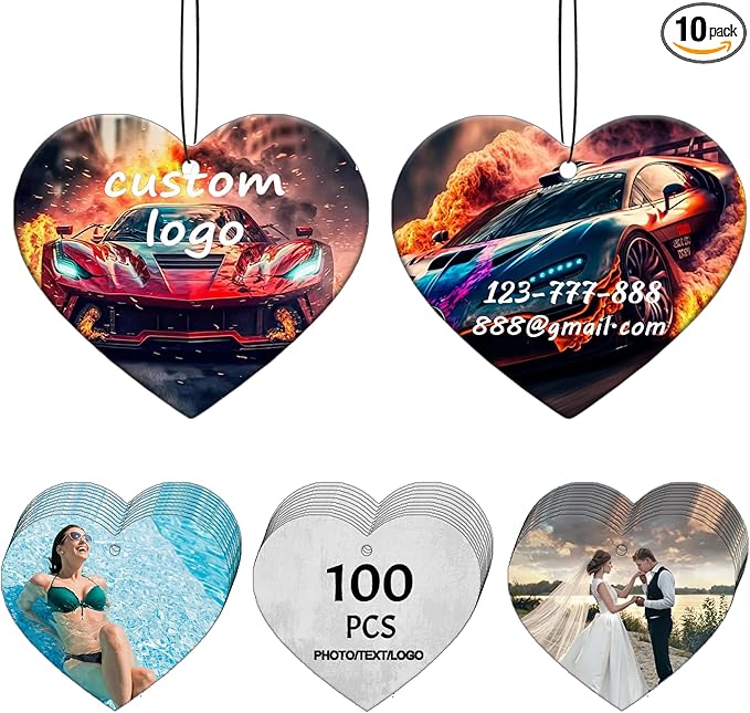 10/50/100Pcs Custom Logo Car Air Fresheners Bulk, Wholesale Personalized Double-Sided Car Air Fresheners with Photo/Text/Business Logo, Suitable for Truck and Car Drivers (100-Heart Shape)