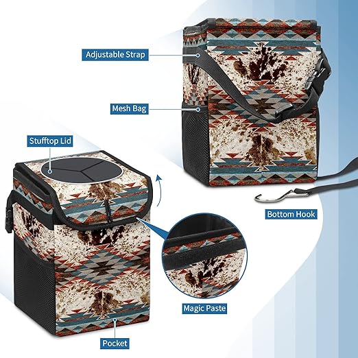 Western Aztec Cow Print Collapsible Reusable Waterproof Car Trash Can with Lid - Automotive Garbage Can, Interior Car Organizer