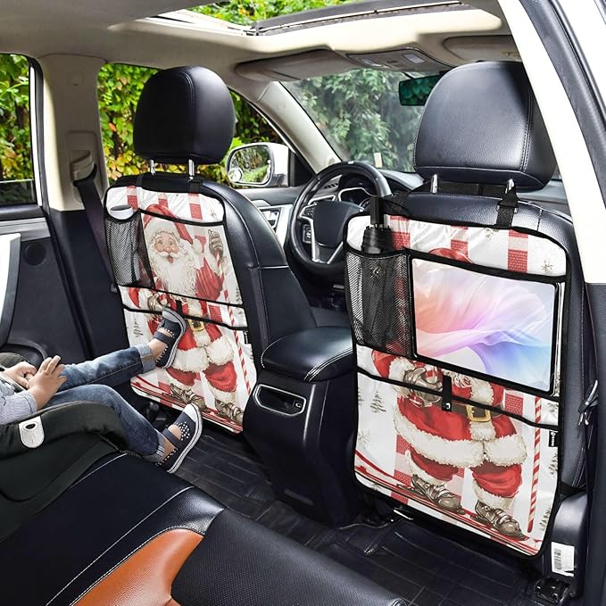 Christmas Santa Claus Candy White 1 Pack Backseat Car Organizer with Storage Pockets Seat Back Organizers for Kids Kick Mats Backseat Protector Automotive