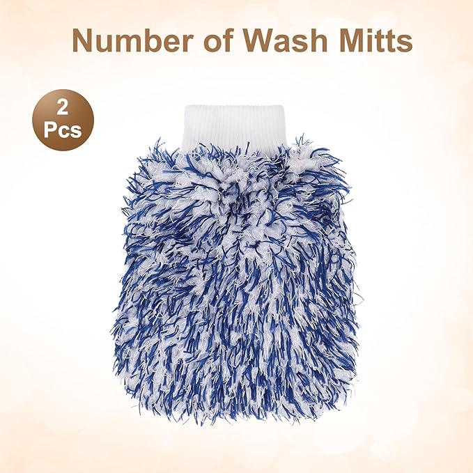 HARFINGTON 2pcs Chenille Microfiber Car Wash Mitts 10.2" x 6.7" Scratch Free Wash Gloves Absorbent Double Sided Plush Cleaning Drying Mitts for Car Washing Home, Blue