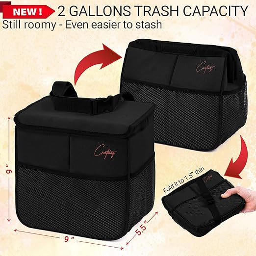 Creathing Car Trash Can Foldable, Waterproof | Organizer Bag or Garbage Can for Console/Seat (Medium, Black), 2 Gallons