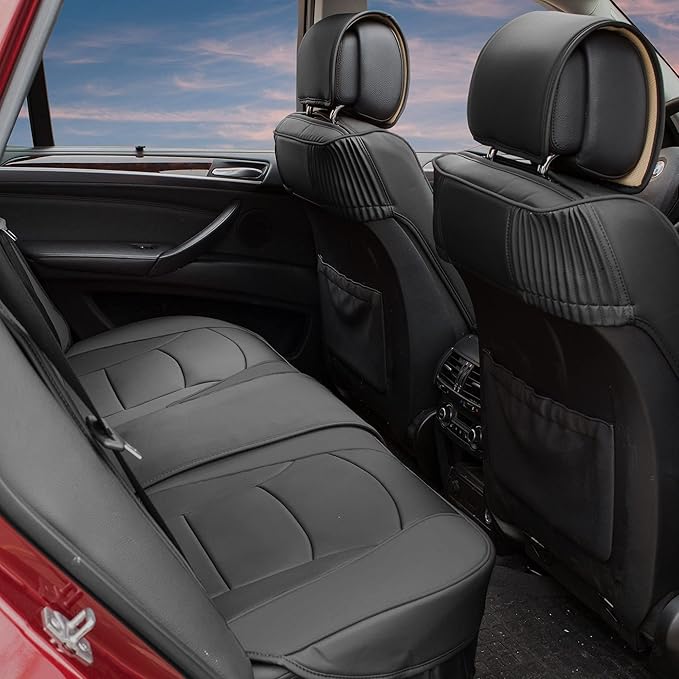 FH Group Car Seat Cover for Back Seat Solid Black Faux Leather - Universal Fit, Rear Seat Covers for Cars with Rear Split Bench, Car Seat Cushions, Car Interior Accessories for SUV, Sedan, Van