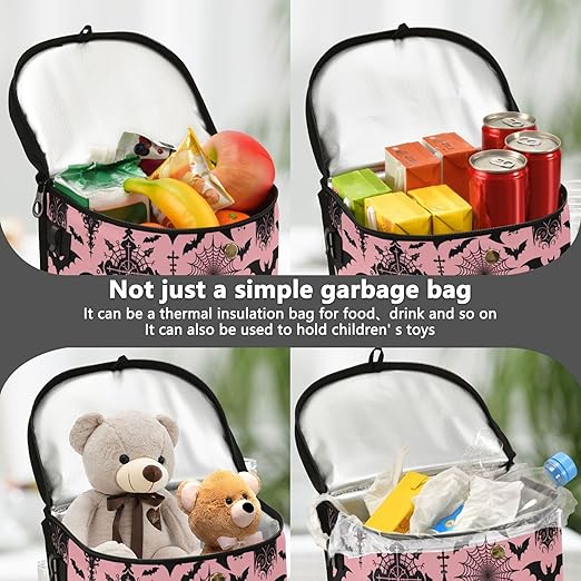 MNSRUU Car Trash Can with Lid, Black Gothic Moon Spider Webs and Bats Car Trash Bag Hanging Organizers and Storage for Front Back Seat, Leak-Proof Trash Bin