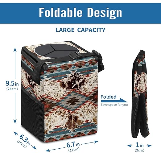 Western Aztec Cow Print Collapsible Reusable Waterproof Car Trash Can with Lid - Automotive Garbage Can, Interior Car Organizer